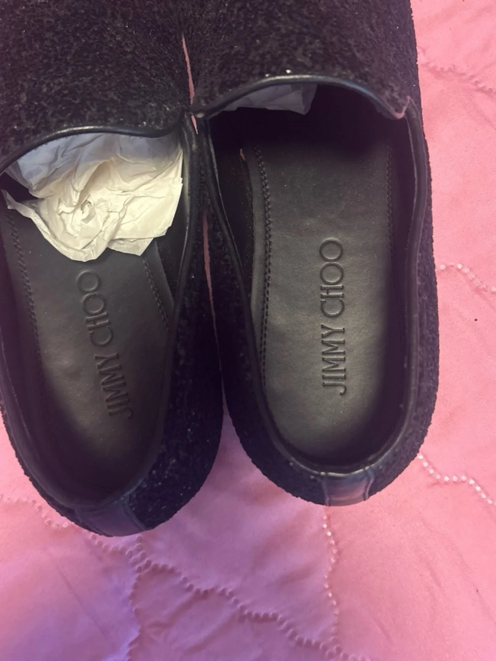 Jimmy Choo Black Glitter Slip-On Loafers